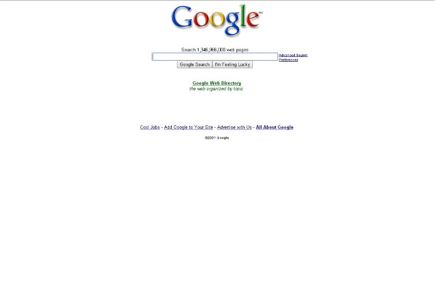 Strona główna Google'a z roku 2001