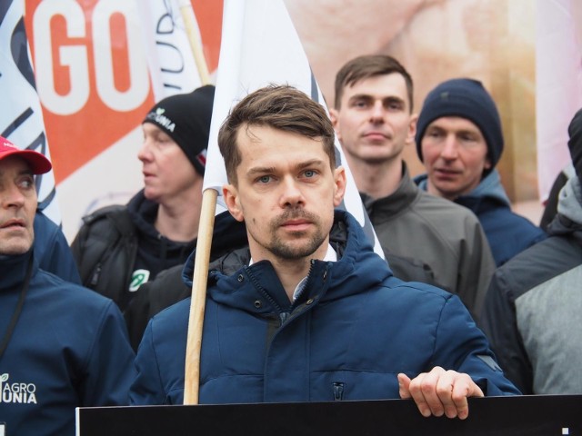 Protest rolników w Łodzi. Na zdjęciu Michał Kołodziejczak