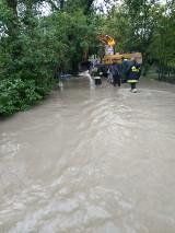 Podtopienia w gminie Fredropol koło Przemyśla. Strażacy pompują wodę z posesji