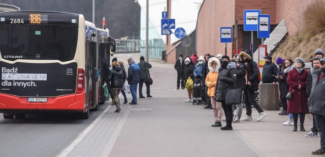 Ławki przy tymczasowym przystanku autobusowym obok Forum Gdańsk.