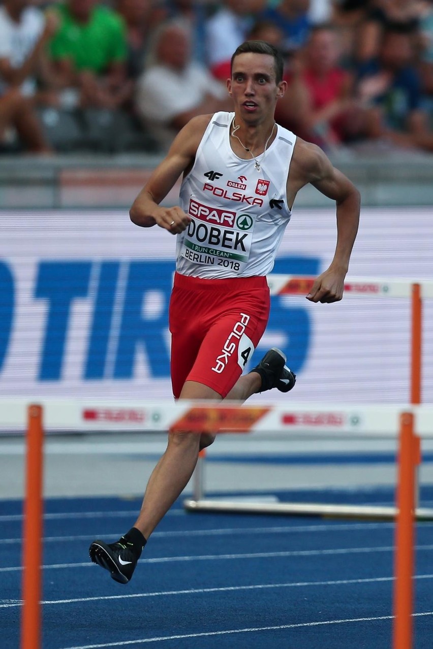 Patryk Dobek w półfinale 400 m przez płotki w ME w Berlinie.