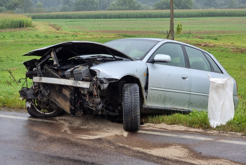 Wypadek w Ruszelczycach. Audi A3 wypadło z drogi na zakręcie. Pogotowie zabrało kierowcę do szpitala [ZDJĘCIA]