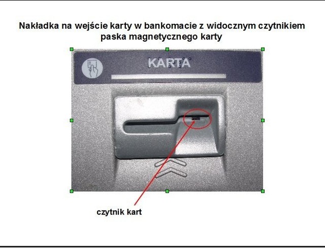 Tak wygląda czytnik paska magnetycznego, montowany przez oszustów w bankomatach.