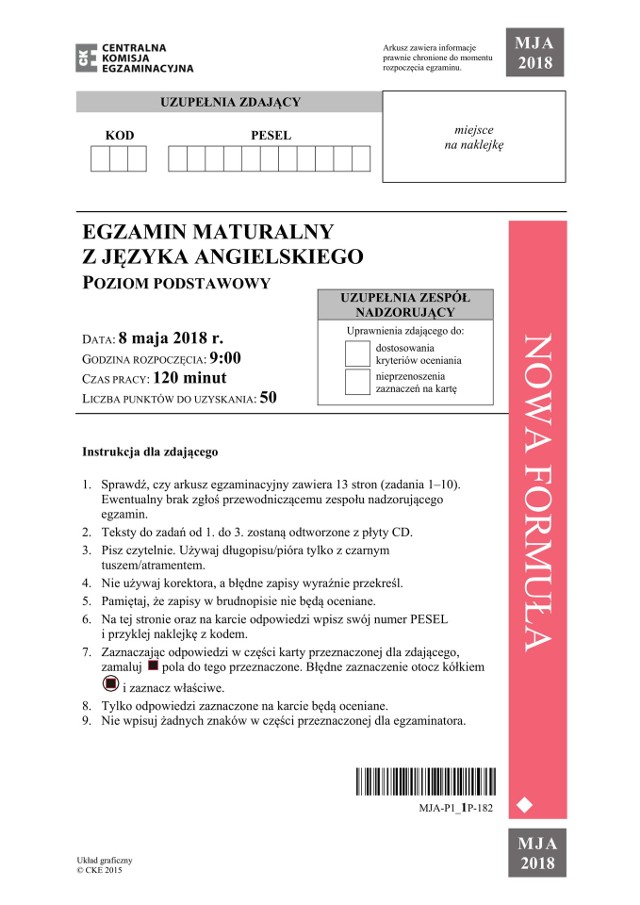 Matura Angielski 2018 (CKE Arkusze, Zadania i Odpowiedzi) Pytania na j. angielskim PODSTAWA