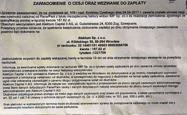 Takie listy rozsyła wrocławska firma windykacyjna m.in. do mieszkańców Podkarpacia. Jeżeli jesteśmy pewni, że nikomu nie zalegamy, należy go zignorować lub odpisać, że nie uznajemy roszczenia