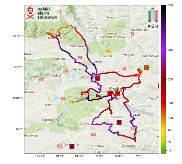 Kolor pomarańczowy oznacza dostateczną jakość powietrza (120 µg/m3). Od czerwonego (170 µg/m3)  - złą jakość. Kolor czarny i fioletowy (powyżej 350 µg/m3) to wynik poza skalą przyjętą przez Główny Inspektorat Ochrony Środowiska.