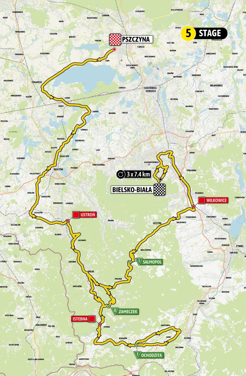 Mapa 5. etapu wyścigu Tour de Pologne z Pszczyny do...