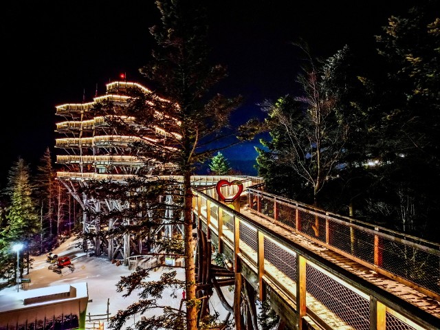 Tylko do końca ferii zimowych, czyli do 25 lutego, można wybrać się na wieczorny spacer ścieżką w koronach drzew i wejść na wieżę widokową w ośrodku Słotwiny Arena w Krynicy-Zdroju