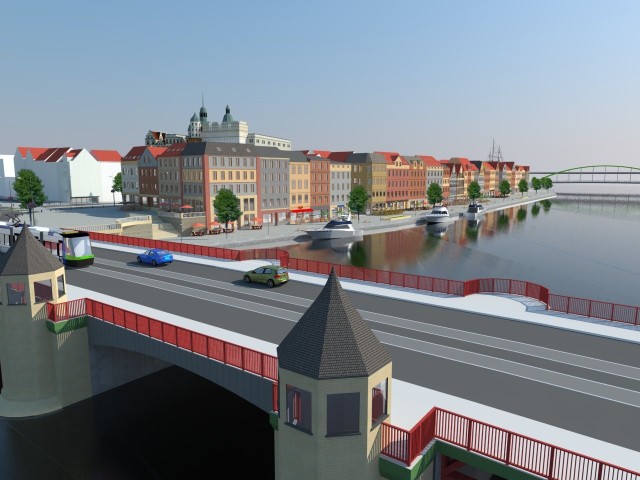 Widok na zabudowany Bulwar Piastowski z Trasy Zamkowej, po lewej na dole Most Kłodny, nie ma łącznicy z Nabrzeża Wieleckiego z Trasą Zamkową.
