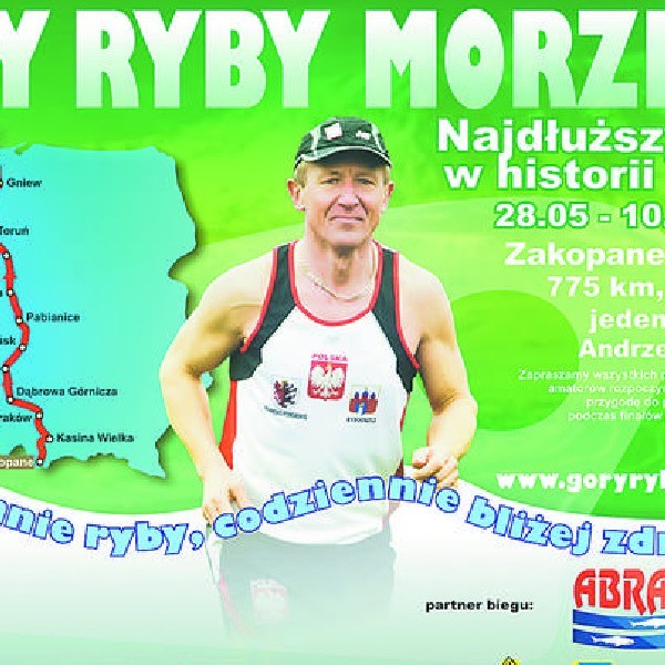 Oto plakat, który reklamował „Najdłuższy bieg w historii Polski” z udziałem Andrzeja Urbaniaka z Zawiszy Bydgoszcz