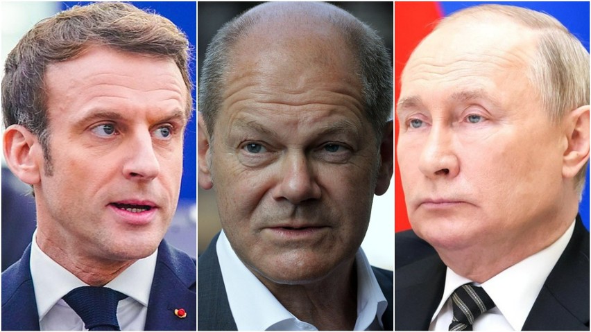 Liderzy Francji, Niemiec i Rosji Emmanuel Macron, Olaf...