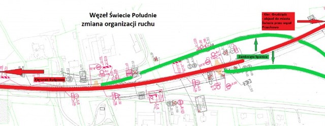 Za pomocą tej mapy GDDKiA przedstawia zmiany w organizacji ruchu na trasie Nowe Marzy - Dworzysko