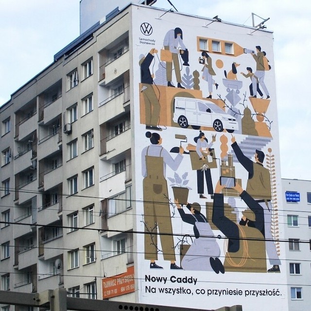 Na szczytowej ścianie jedenastopiętrowego budynku przy ulicy Chmielnej w Warszawie powstało nowe, niecodzienne dzieło sztuki będące połączeniem reklamy i street-artu. Mural ten w całości poświęcony jest najnowszemu Volkswagenowi Caddy 5. Autorem projektu graficznego muralu jest Dawid Ryski, znany ilustrator, grafik i twórca plakatów.Fot. Volkswagen