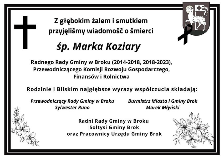 Zmarł Marek Koziara, radny Rady Gminy w Broku. Informację o jego śmierci podał Urząd Miasta i Gminy Brok