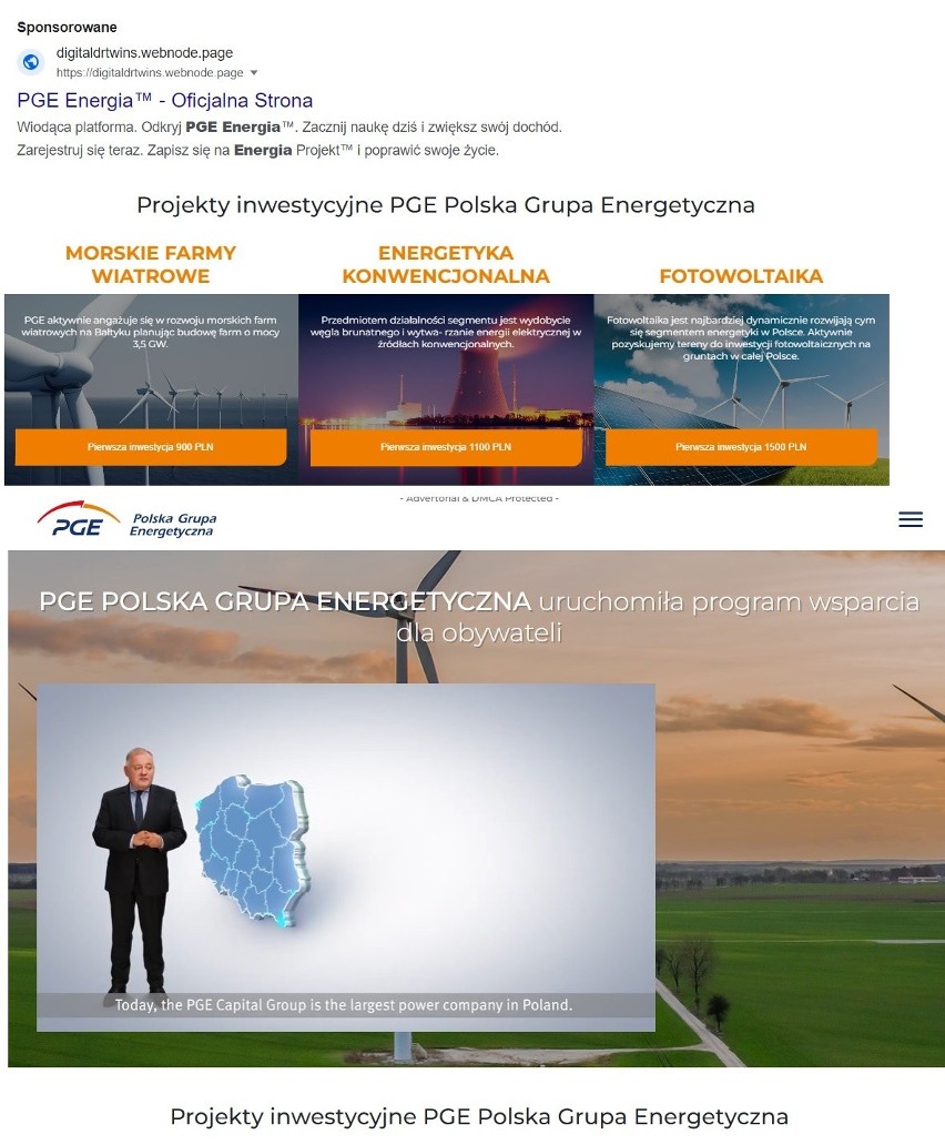 Zrzut ekranu fałszywej strony "PGE Energia", która podszywa...