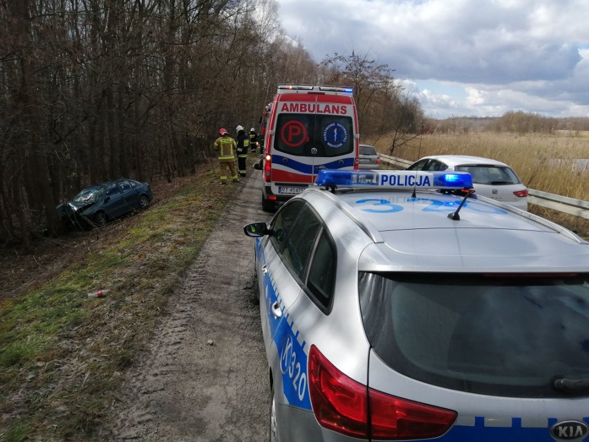 Wypadek w Dąbrowicy. Auto wypadło z drogi, kobieta została ranna (ZDJĘCIA)