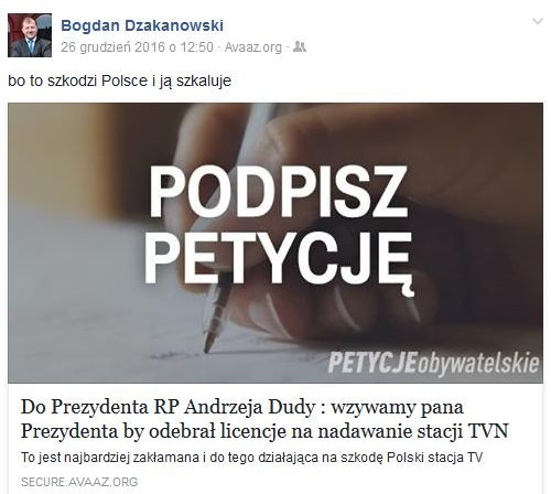 Fragment facebookowej strony Bogdana Dzakanowskiego
