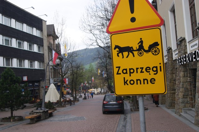 Takie znaki drogowe ostrzegają teraz ludzi wchodzących na Krupówki, że po deptaku jeżdżą dorożki konne