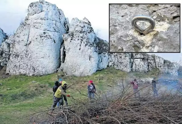 Wspinacze sprzątają na Wzgórzu 502. Na małym zdjęciu – ring asekuracyjny, który usiłował wyrwać jeden z mieszkańców