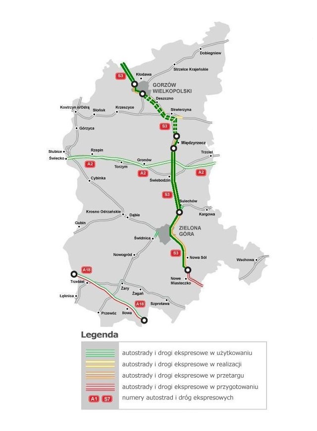 Komunikacja: Mamy 43 km nowej drogi S3Na mapie zaznaczono nowy odcinek drogi S3 (kolor zielony) oraz budowany już z Międzyrzecza do Gorzowa (linia zielona przerywana).