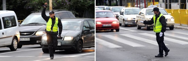 Na Bramie Portowej policjanci kierują ruchem. Nie działa sygnalizacja świetlna.