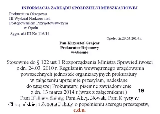 Takie ogłoszenie opublikowała Spółdzielnia Mieszkaniowa w Praszce. Nazwiska osób, które złożyły doniesienie, były niezakryte, na kolejnej stronie ogłoszenia były też ich adresy.