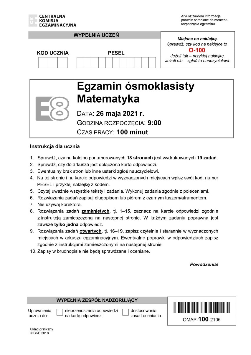 Egzamin ósmoklasisty ODPOWIEDZI - matematyka 2021. Sprawdź, jakie były zadania na egzaminie 8-klasisty - arkusz CKE 26.05