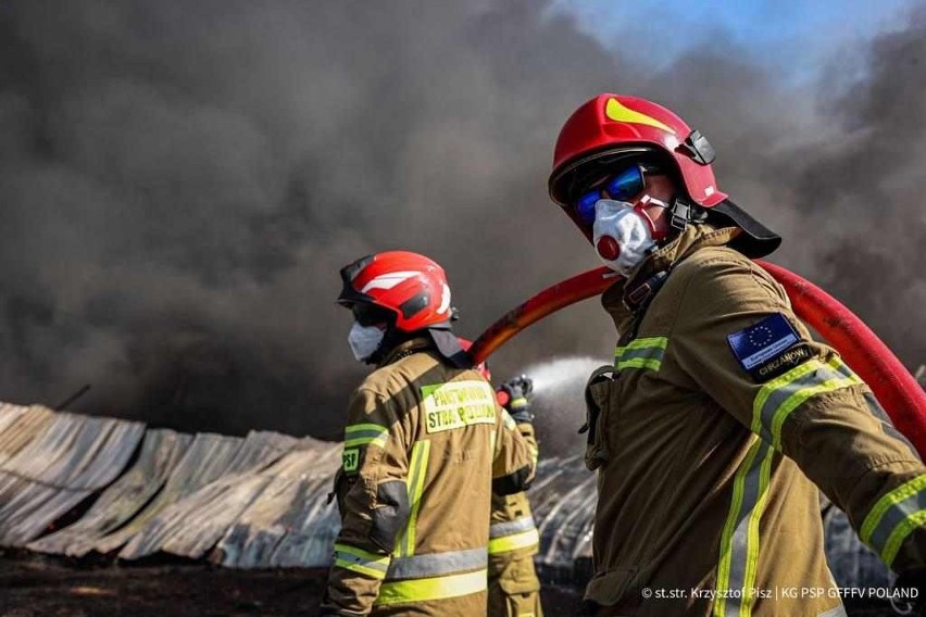 Trudna akcja małopolskich strażaków niedaleko Aten. Gasili pożar magazynu i składowiska samochodów. "Grecja płonie"
