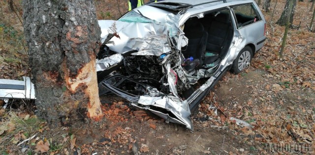 Według wstępnych ustaleń pracujących na miejscu policjantów, 42-letni kierowca volkswagena zjechał z drogi na pobocze i uderzył w drzewo. Na miejsce pojechało sześć zastępów straży. Strażacy, którzy przybyli na miejsce, musieli wyciąć poszkodowanego z pojazdu. Niestety mężczyzna zmarł na miejscu.Trwa ustalanie przyczyny wypadku. Droga w miejscu wypadku jest zablokowana. Policja wprowadziła objazdy. 