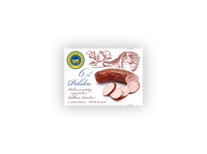 Kiełbasa lisiecka na znaczku pocztowym.  Promują małopolski produkt regionalny
