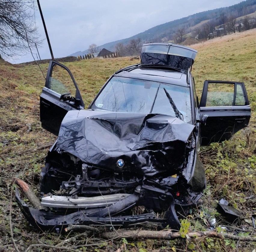 Wypadek w Birczy. Kierująca BMW zjechała z drogi i uderzyła w drzewo. Pogotowie ratunkowe zabrało kobietę do szpitala [ZDJĘCIA]