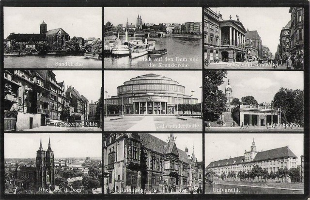 Lata 1930-1935 , Pocztówka reklamowa gospody Waldemara Oswalda. Oprócz lokalu, pocztówka przedstawia pomnik Bismarcka, Halę Stulecia, Teatr Miejski, ratusz i Wzgórze Liebicha.