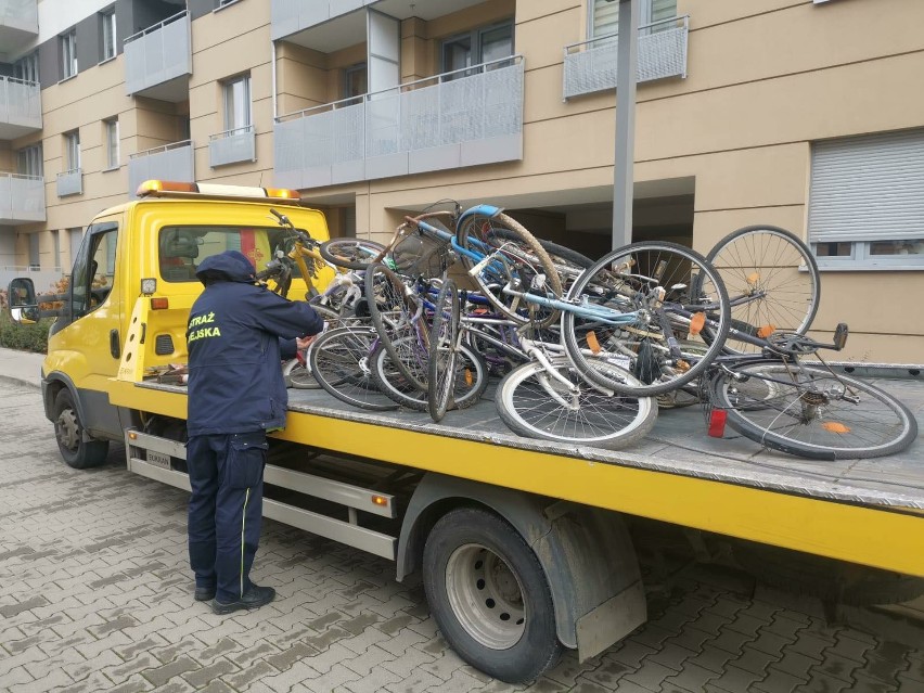 Straż miejska we Wrocławiu sprząta stare rowery.