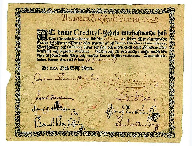 Jeden z pierwszych prawdziwnych banknotów świata- szwedzki...