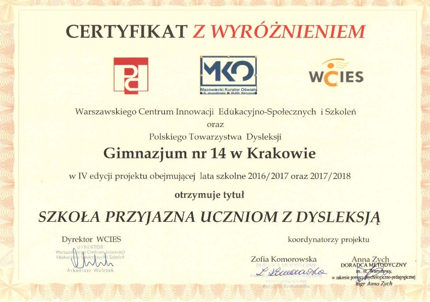 XIV LO i Gimnazjum nr 14 w Krakowie przyjazne dyslektykom