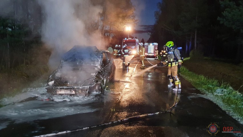 Pożar samochodu w Dudach Puszczańskich, gm. Łyse. 8.05.2021. Zdjęcia
