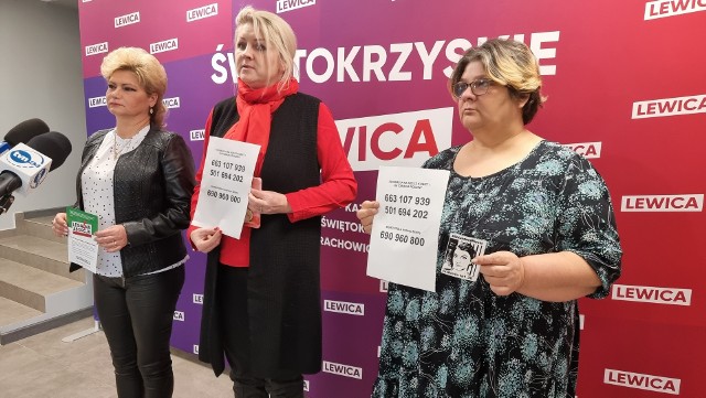 Na konferencji w Nowej Lewicy, od lewej: Beata Gorczyca ze Stowarzyszenia Wrażliwi Społecznie ze Starachowic, Małgorzata Marenin, dyrektorka Biura Poselskiego Andrzeja Szejny i Anna Tarabacz.  Prezentują numer pod które mogą dzwonić kobiety.