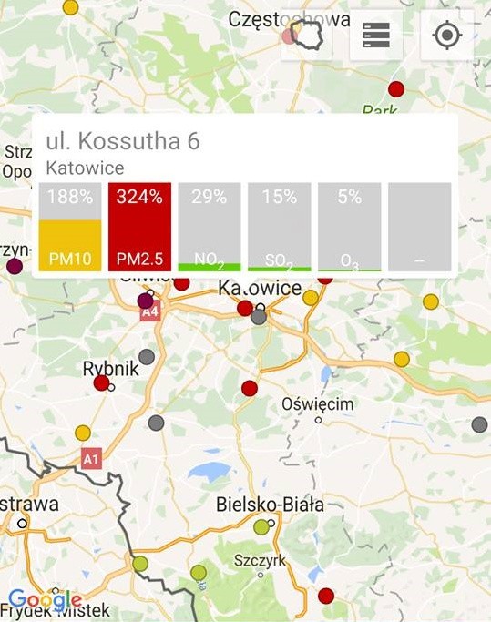 Katowice 188 proc. pył zawieszony PM10 oraz 324 proc. pył...