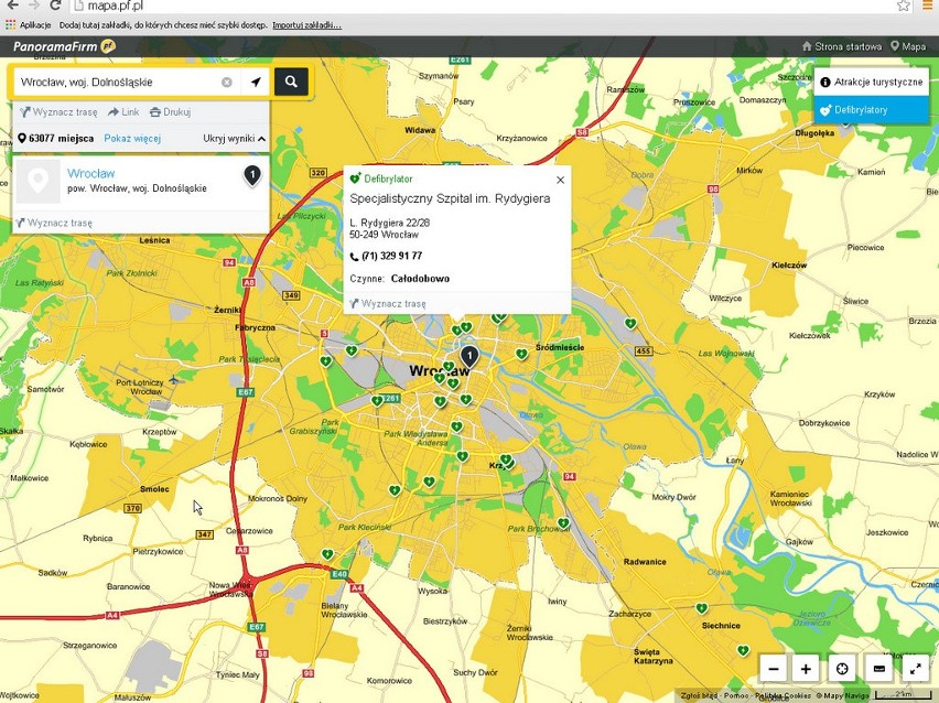 mapa defibrylatorów AED we Wrocławiu w wyszukiwarce Panoramy...