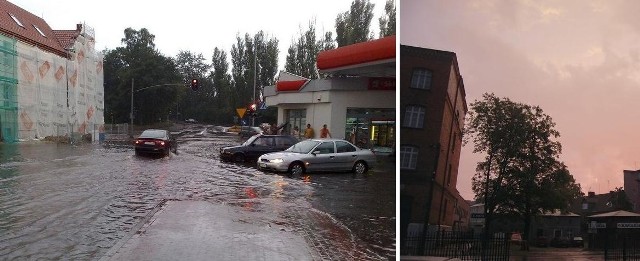 Zalana ulica Grunwaldzka w Ustce i burzowe chmury nad Słupskiem