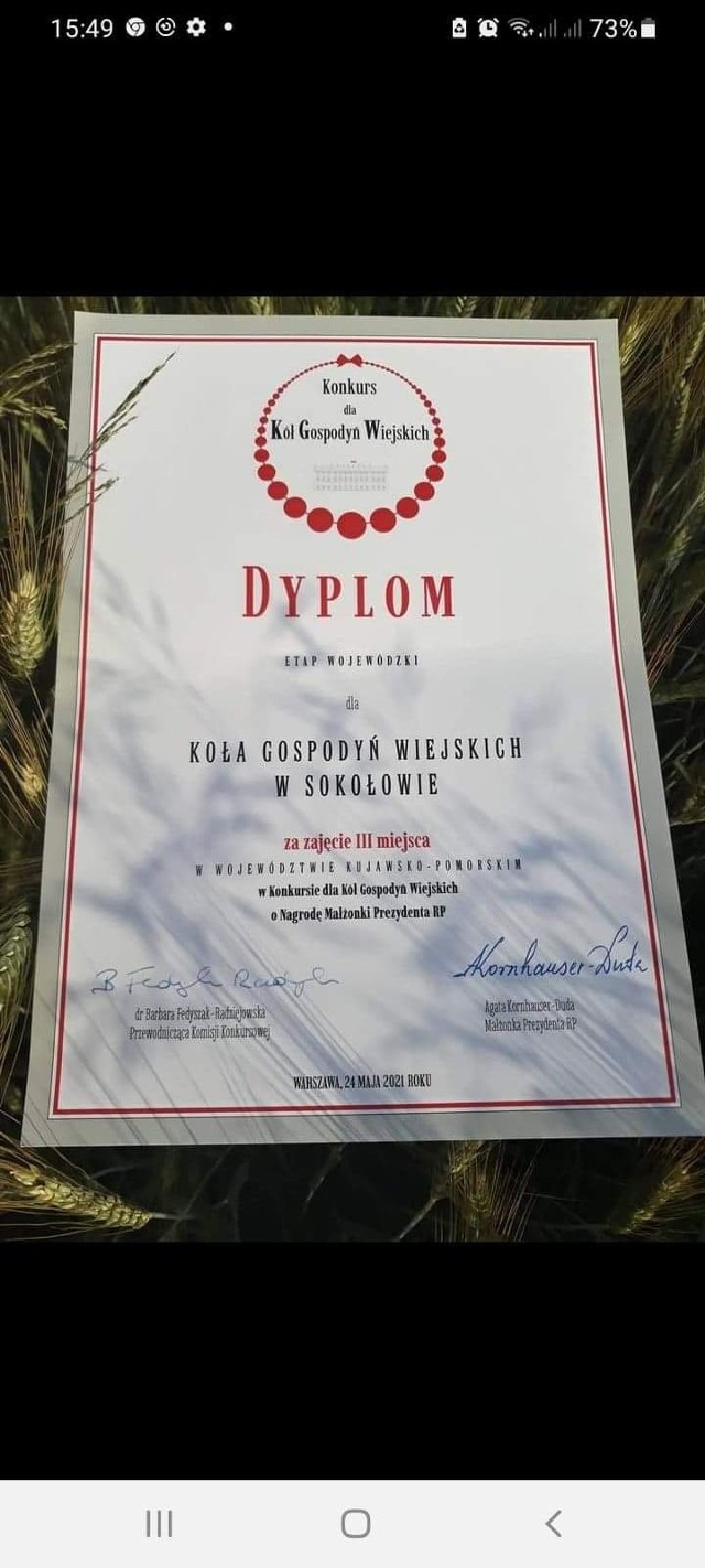 KGW Sokołowo otrzymało dyplom potwierdzający zajęcie trzeciego miejsca w wojewódzkich zmaganiach