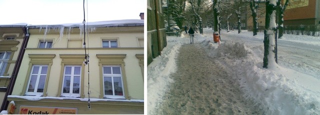 Od lewej: Niebezpieczne sople w Szczecinku oraz nieodśnieżone chodniki w Białogardzie.