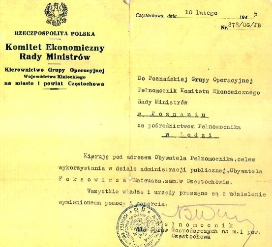 Dokument z którym M. Foksowicz wrócił po wojnie do Poznania