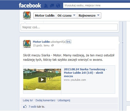 Wpis z Facebooka Motoru Lublin