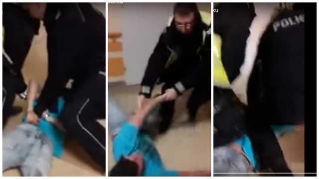 Moment skucia mężczyzny kajdankami przez interweniujących w szpitalu w Więcborku policjantów.