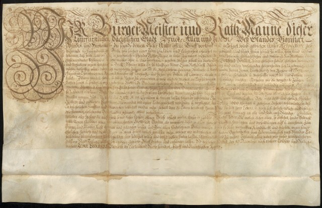 List dobrego urodzenia Gotfryda Bordana syna Mateusza, wydany przez Burmistrza i Radę miasta Bruck w Saksonii. Bruck, 10 grudnia 1695 r.