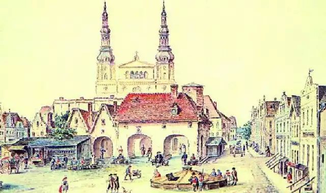 Tak prezentował się bydgoski Stary Rynek w XIX wieku. W tle widać kościół jezuicki. A przed kościołem - zapomniany dziś ratusz