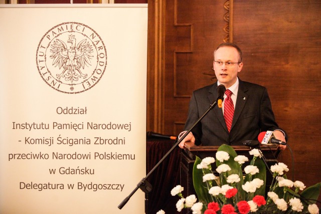 Prezes IPN Łukasz Kamiński podczas spotkania w Bydgoszczy.