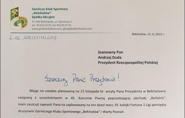 GKS Bełchatów zaprasza Prezydenta RP Andrzeja Dudę na mecz z Wartą