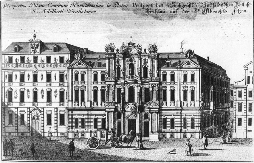 Wrocław, Pałac Hatzfeldów w 1736 roku, akwaforta C.Remsharta...